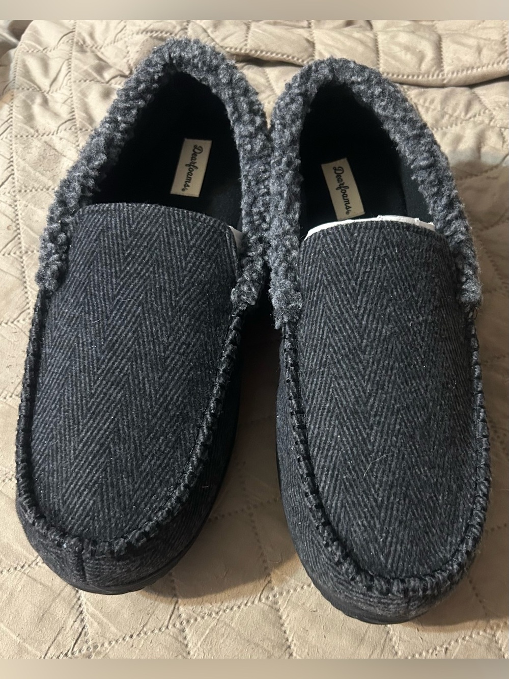 NWT Dearfoams Men's Memory Foam Slippers XL 13 14 Black Herringbone